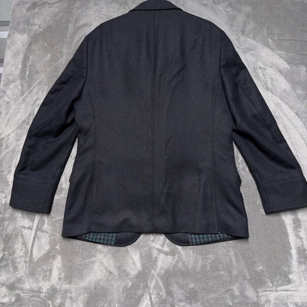 Q Mens Blazer Jacket 44R Navy Blue Zip‎ Inset Wool Plaid Lining Textured Coat